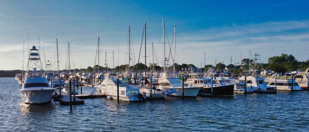 Multiple boats docked in slips at a marina in Charleston, South Carolina, on a clear afternoon.